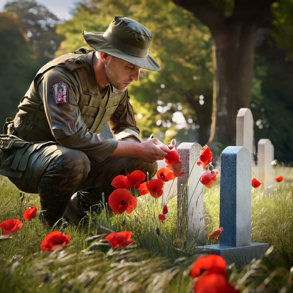 un soldat dans un cimetierre militaire acroupi devant une croix au pied de laquelle poussent des coquelicots