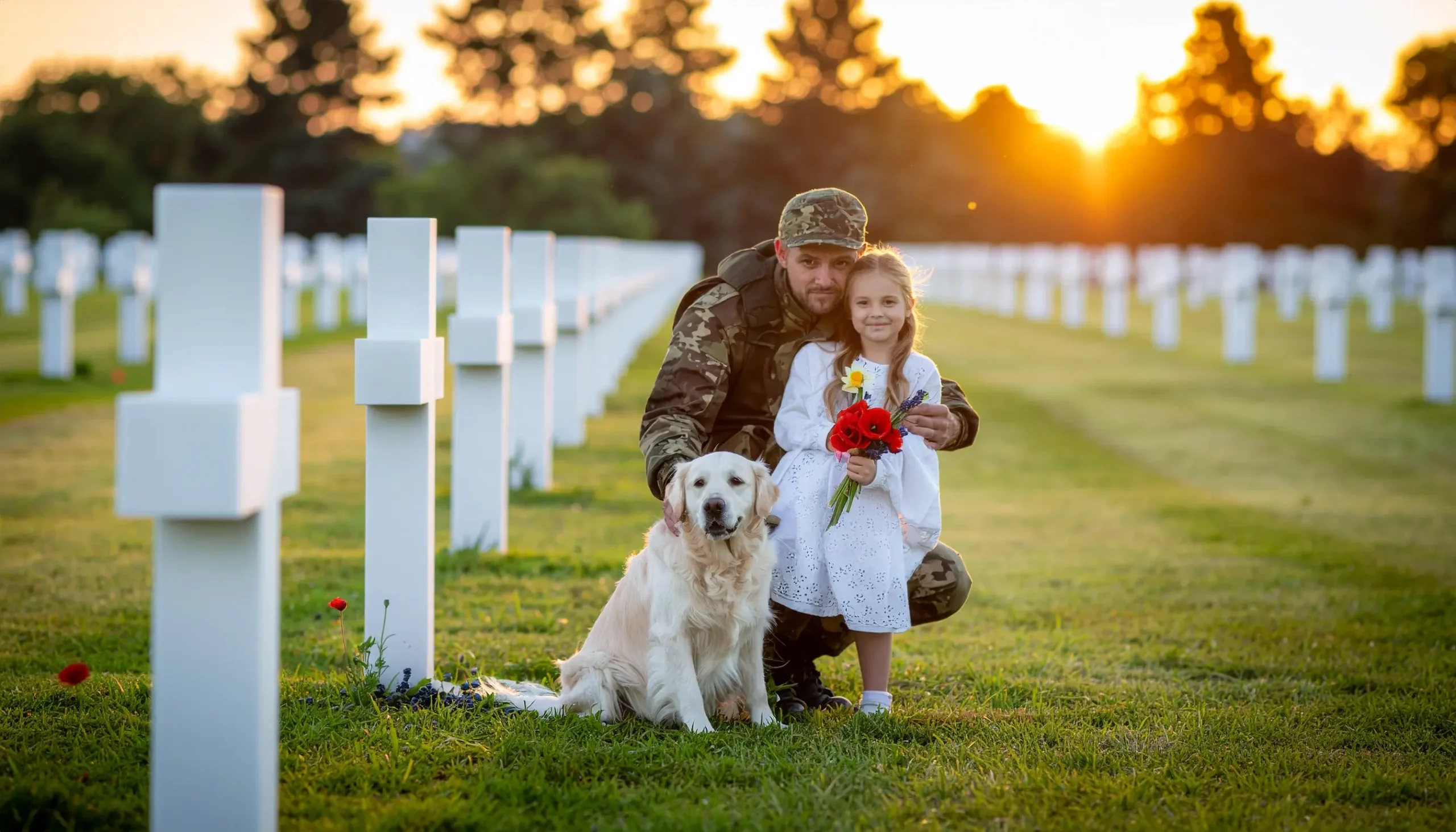 Accueil 1 Hommage silencieux dans un cimetière de guerre : un soldat en uniforme, une fillette portant un bouquet de coquelicots et de jonquilles et un chien incarnent la résilience, la mémoire et la transmission entre générations.