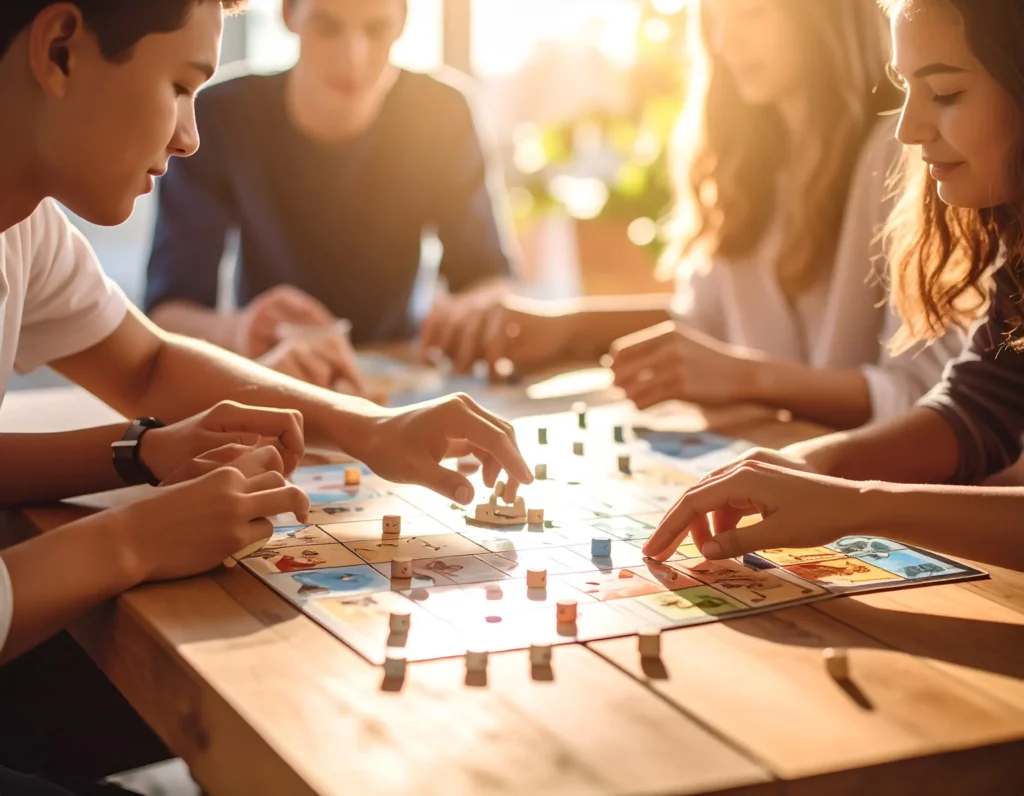 Accueil 4 Groupe de jeunes concentrés autour du jeu de société éducatif REFUGE conçu pour transmettre la mémoire des conflits et encourager la discussion sur la résilience.