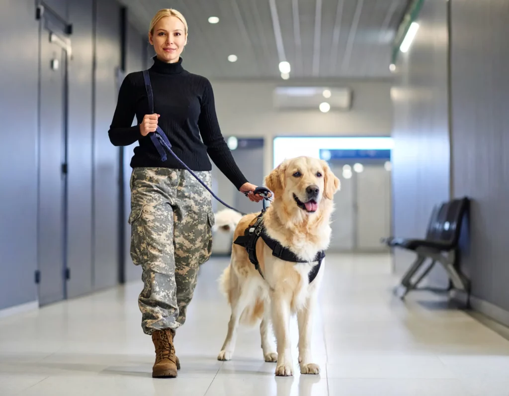 Chien d'assistance LA CAPE 2 Chien d’assistance guidant une femme dans un couloir, symbole de résilience et de soutien post-traumatique.